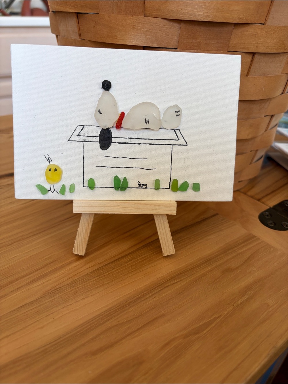 Handmade White & Green Seaglass Canvas. Easel included